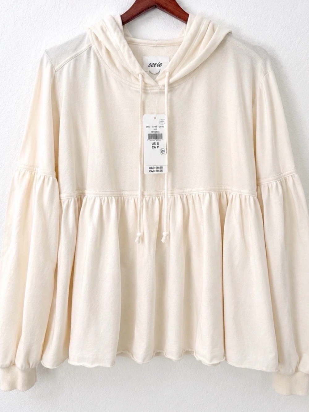 NWT Aerie Peplum Hoodie medium Ivory Oversized 100% Cotton Balloon Sleeve